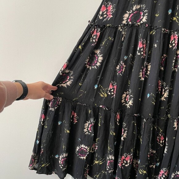 Free People Garen Party Floral Print Smocked Tiered Casual Maxi Dress Black XS - Picture 5 of 9